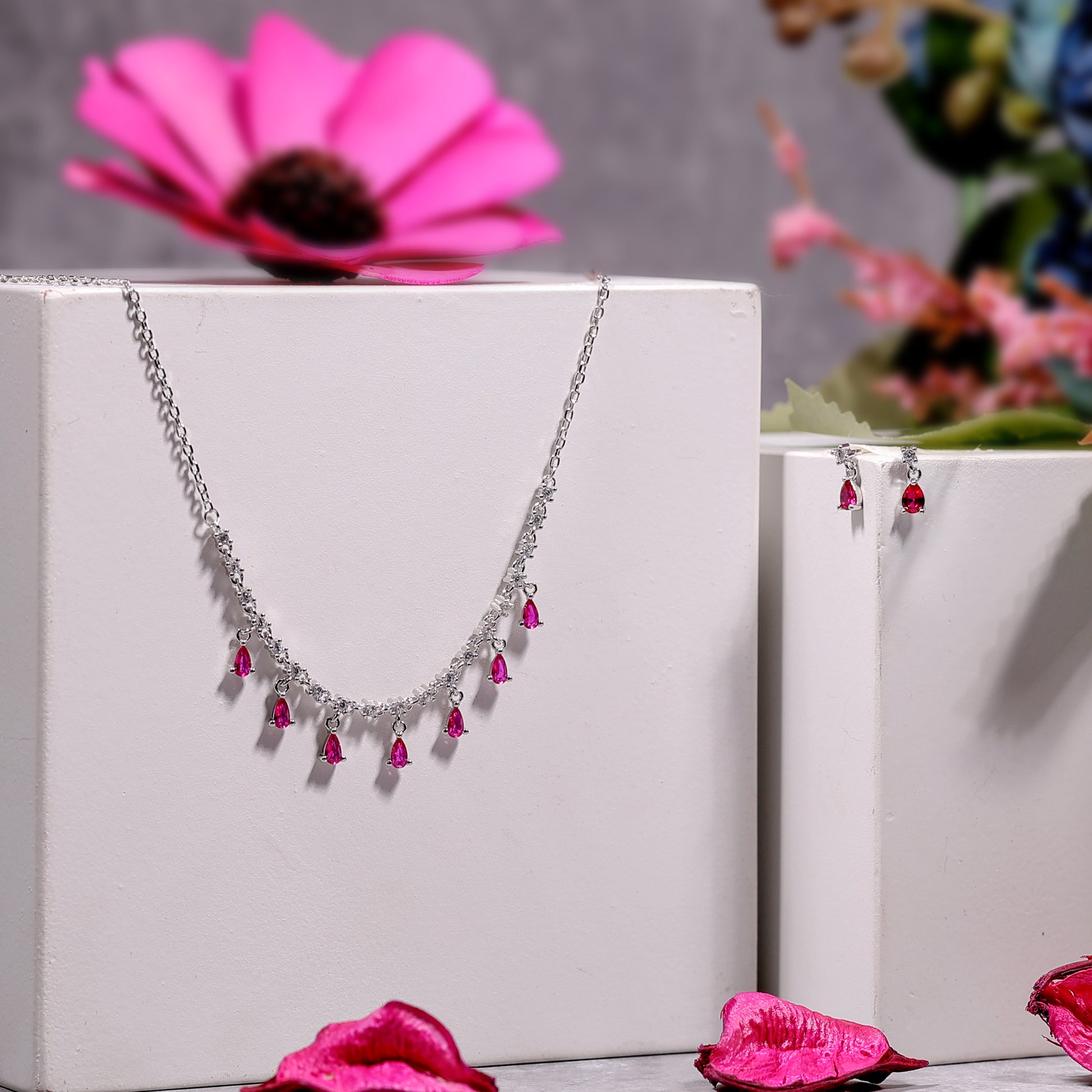 American Diamond Ruby  Floral Jewellery Set - varudijewellers