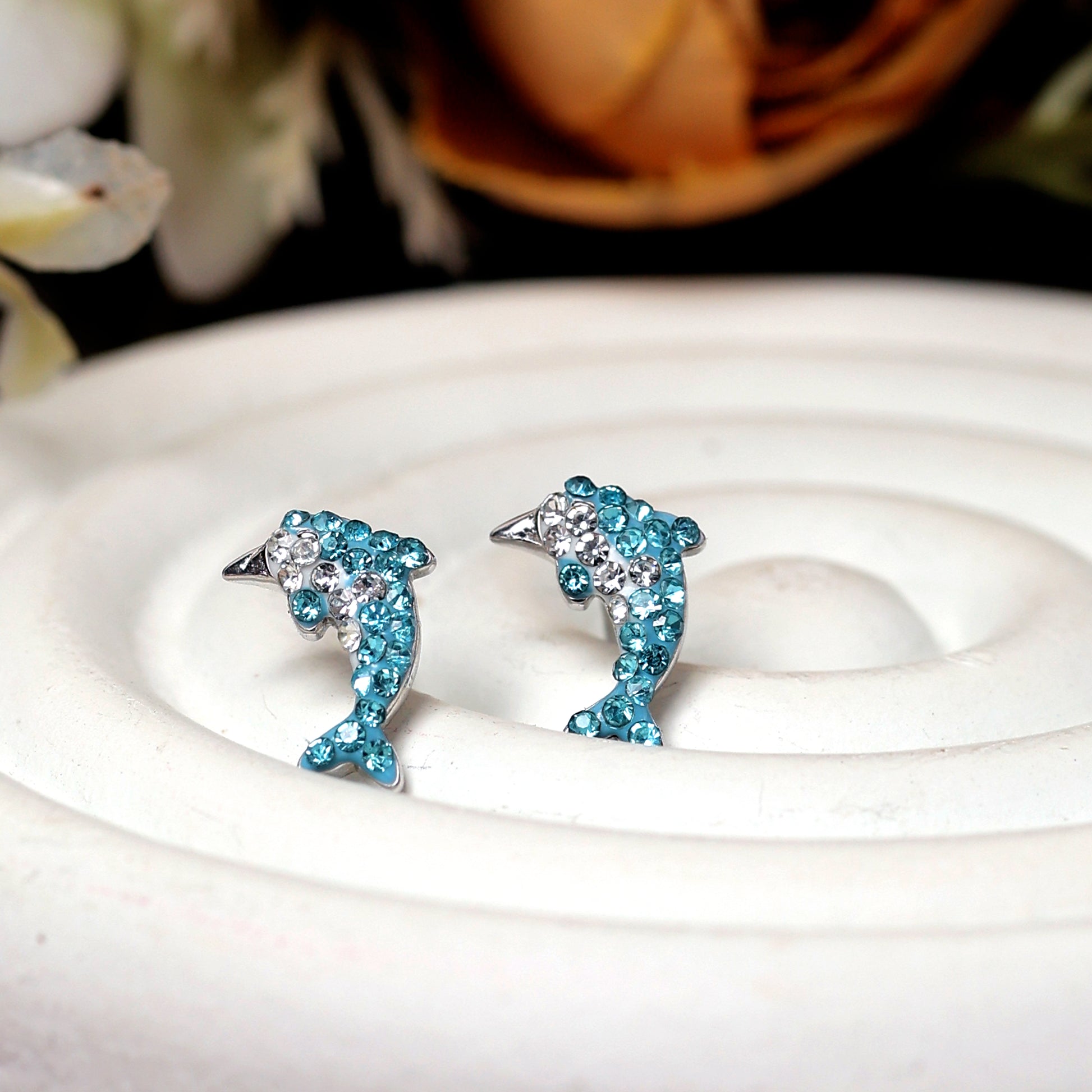 Blue Crystal Dolphin Stud Earrings for Women Girl Party Engagement Birthday Gift - varudijewellers