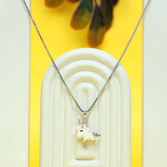 Girls Rhodium-Plated Enamelled Unicorn Pendant With Link Chain - varudijewellers